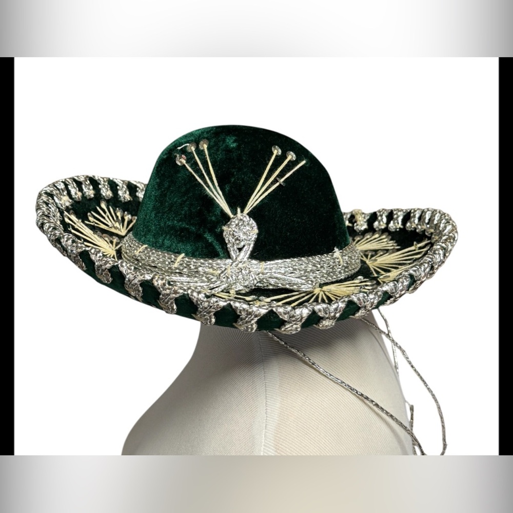 Salazar Yepez Youth Velvet Green Silver Sequins Mexican Sombrero Hat Mariachi